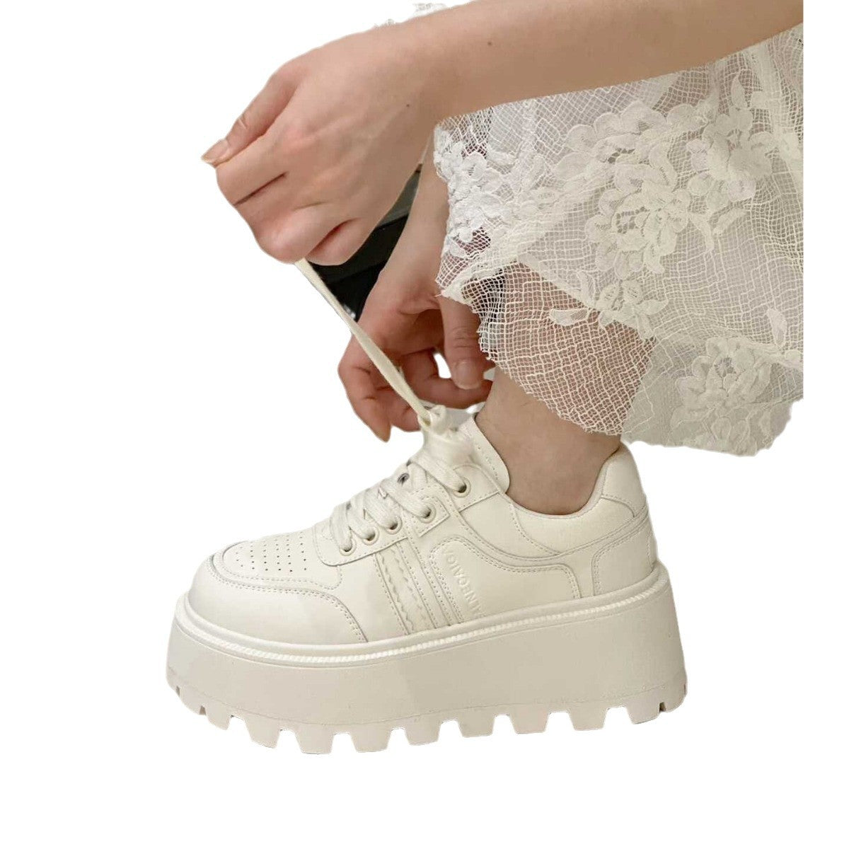 Black White Thick Sole Height Increasing Small Women's Casual Shoes